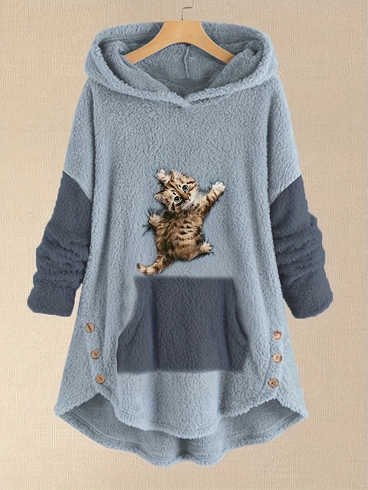 Plus Size Herbst/Winter Neuheiten Damen Herbst/Winter Drop-Shoulder Langarm Color-Block Patchwork Fleece Kapuzenjacke