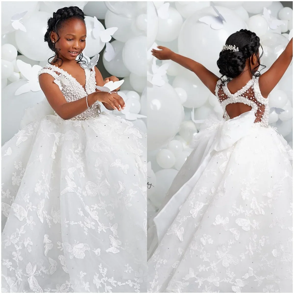 White Flower Girl Dresses for Wedding Butterfly Appliques Pearl Floor Length Girl Kids Birthday Party First Holy Communion Gown