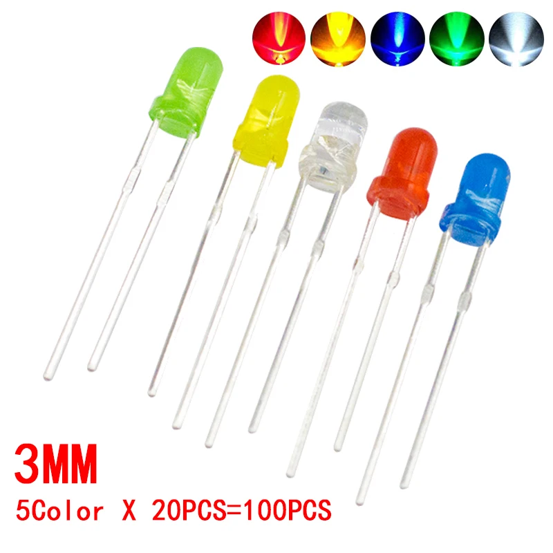 100 pièces 3mm 5mm lumière LED blanc jaune rouge vert bleu Kit assorti bricolage LED ensemble kit de bricolage électronique
