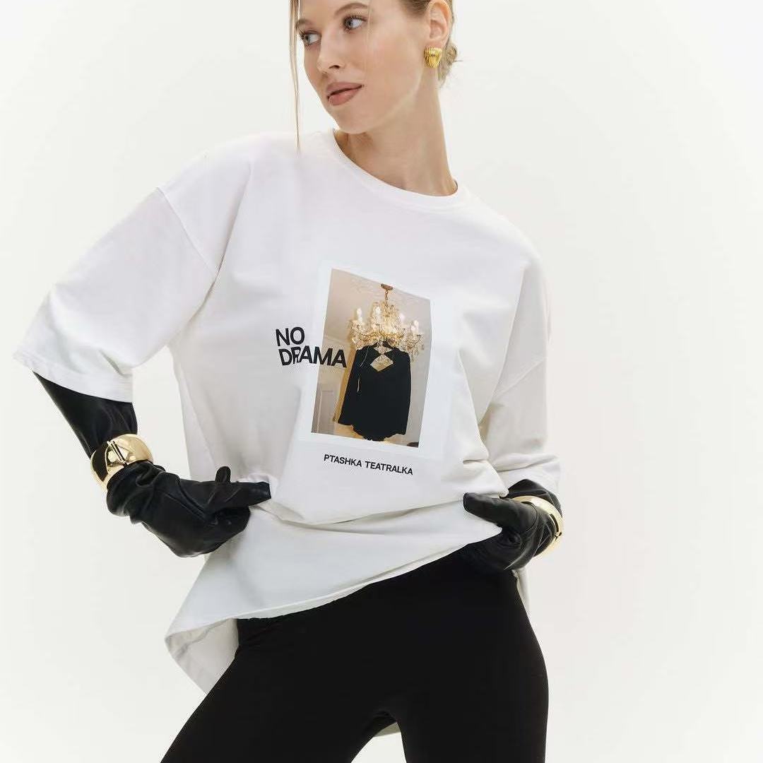 Kaus Wanita Gambar Cetak Desain Musim Panas Eropa dan Amerika Baru Pakaian Dalam dan Luar Modis Atasan Lengan Pendek Putih Y2k