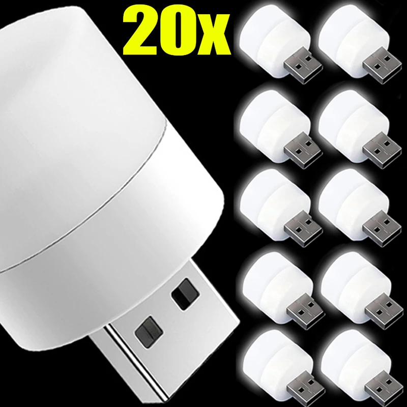 20/3 Uds Mini USB luz LED lámparas de enchufe portátiles protección ocular libro luz de lectura pequeña bombilla redonda para coche ordenador lámpara de energía móvil