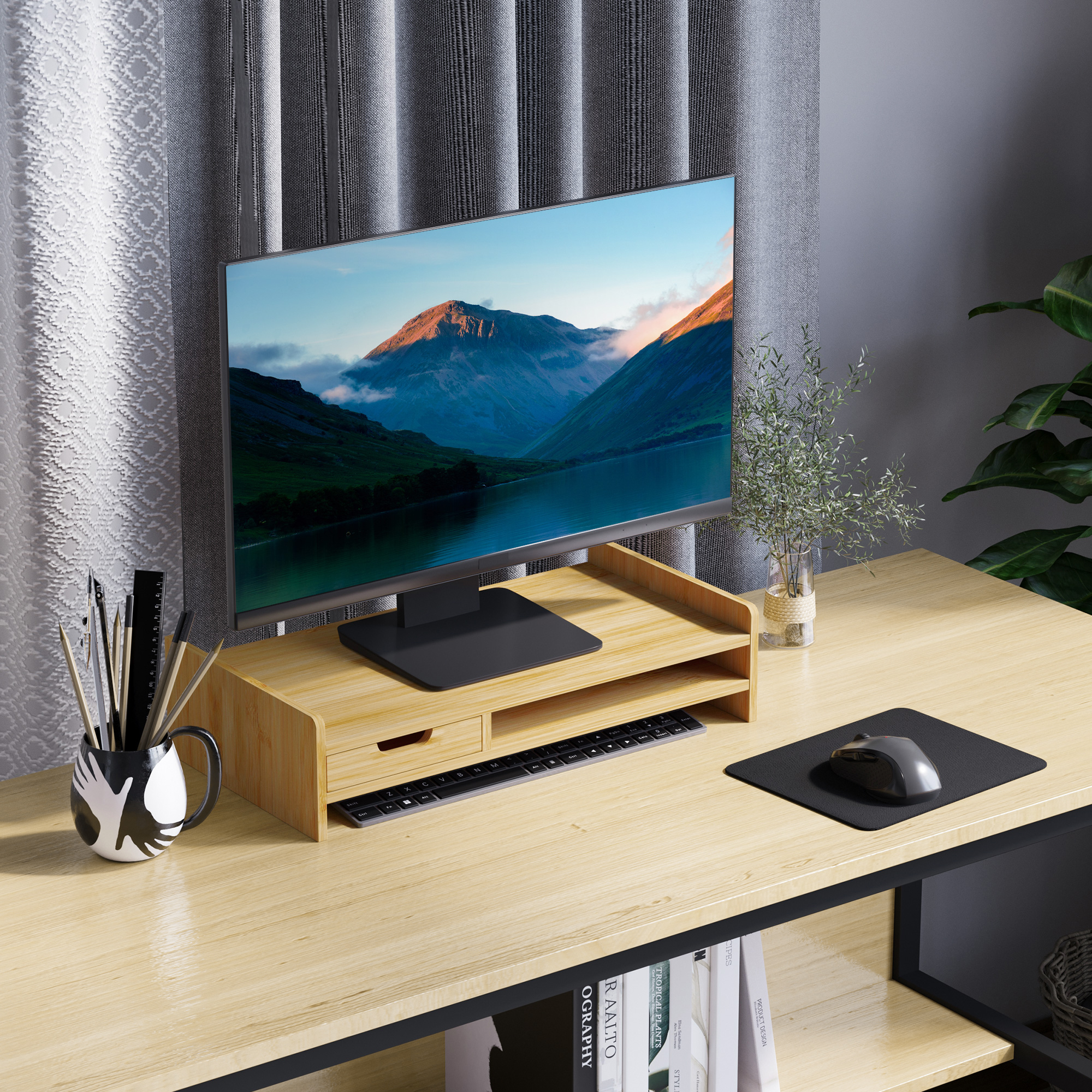 HOMCOM Monitor Dekoration Bambu Elevador de Pantas Desktop Tragbare Organizador de Escritorio 49x25,5x11,5cm