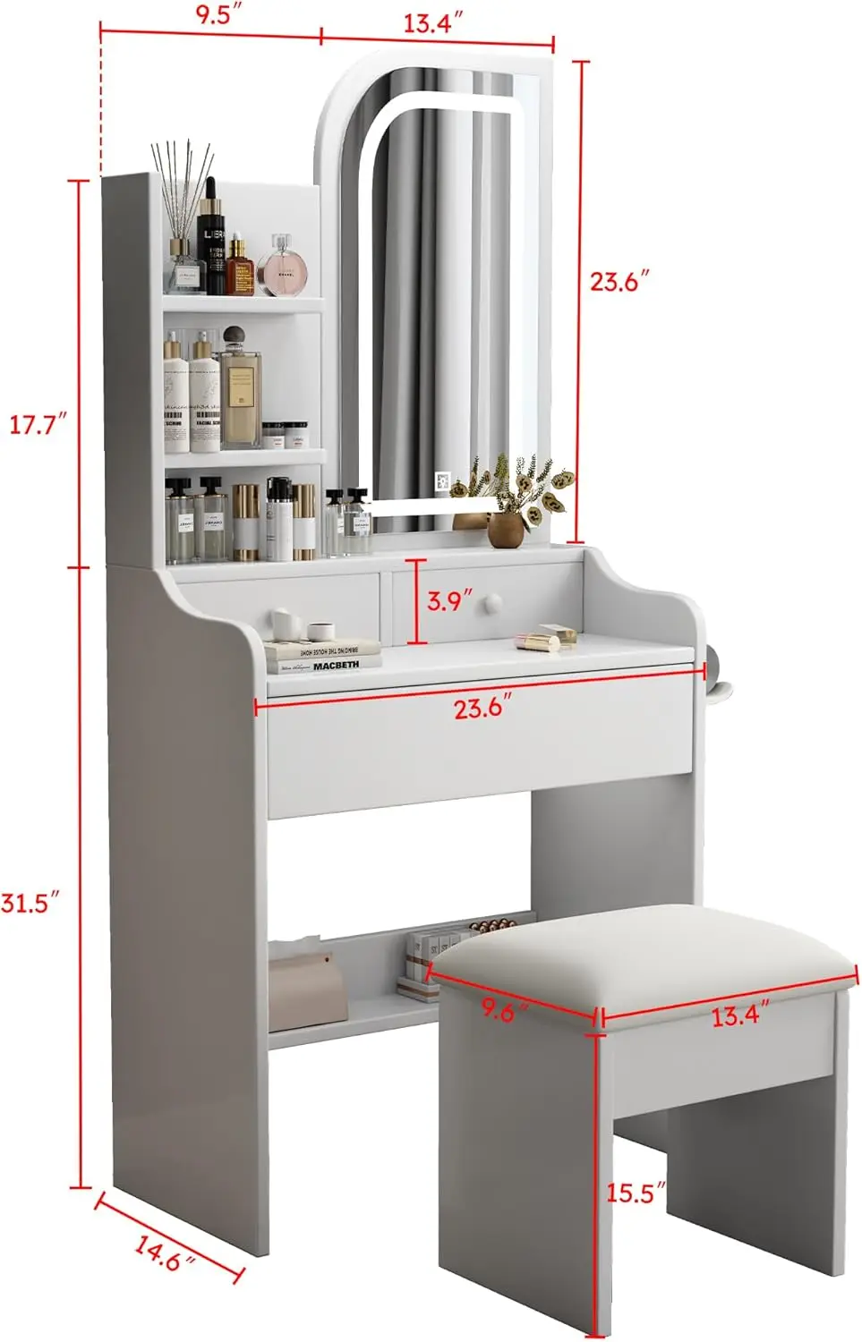 A small dressing table with power socket, a mini white dressing table with mirror and light, and a stool