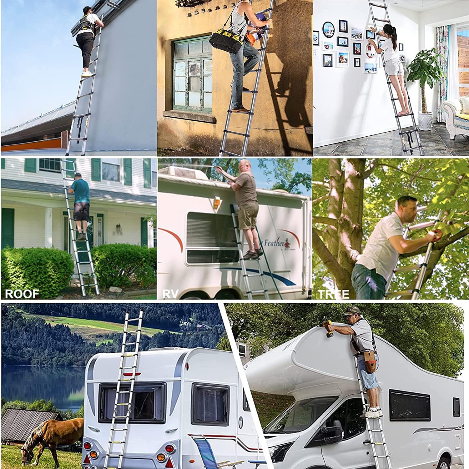4,4 m/14,4 ft Teleskopleiter mit Haken, Dachbodenleitern aus Edelstahl, 14 Stufen, 330 Pfund Belastung, vielseitig einsetzbar, faltbar und ausziehbar