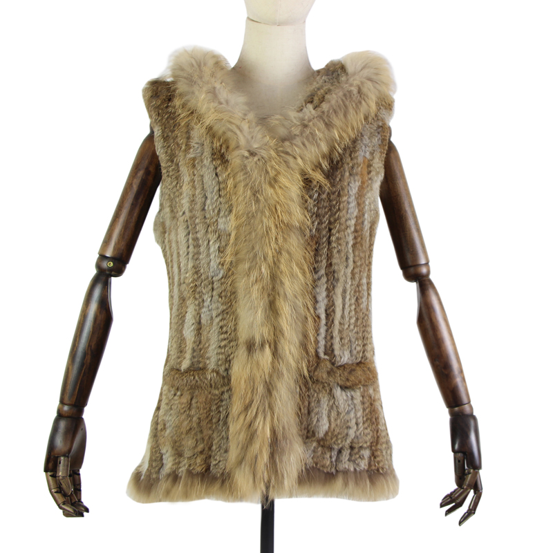 Harppihop pele novo colete de pele natural genuíno pele de coelho malha gilet com pele com capuz casaco longo jaquetas com bolso feminino inverno