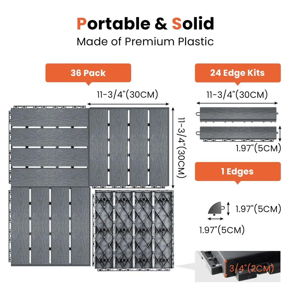 36 Interlocking Deck Tiles 11.8x11.8in Outdoor Flooring Waterproof with 24 Edge Kits Patio Floor Tiles Safe Trolleys and