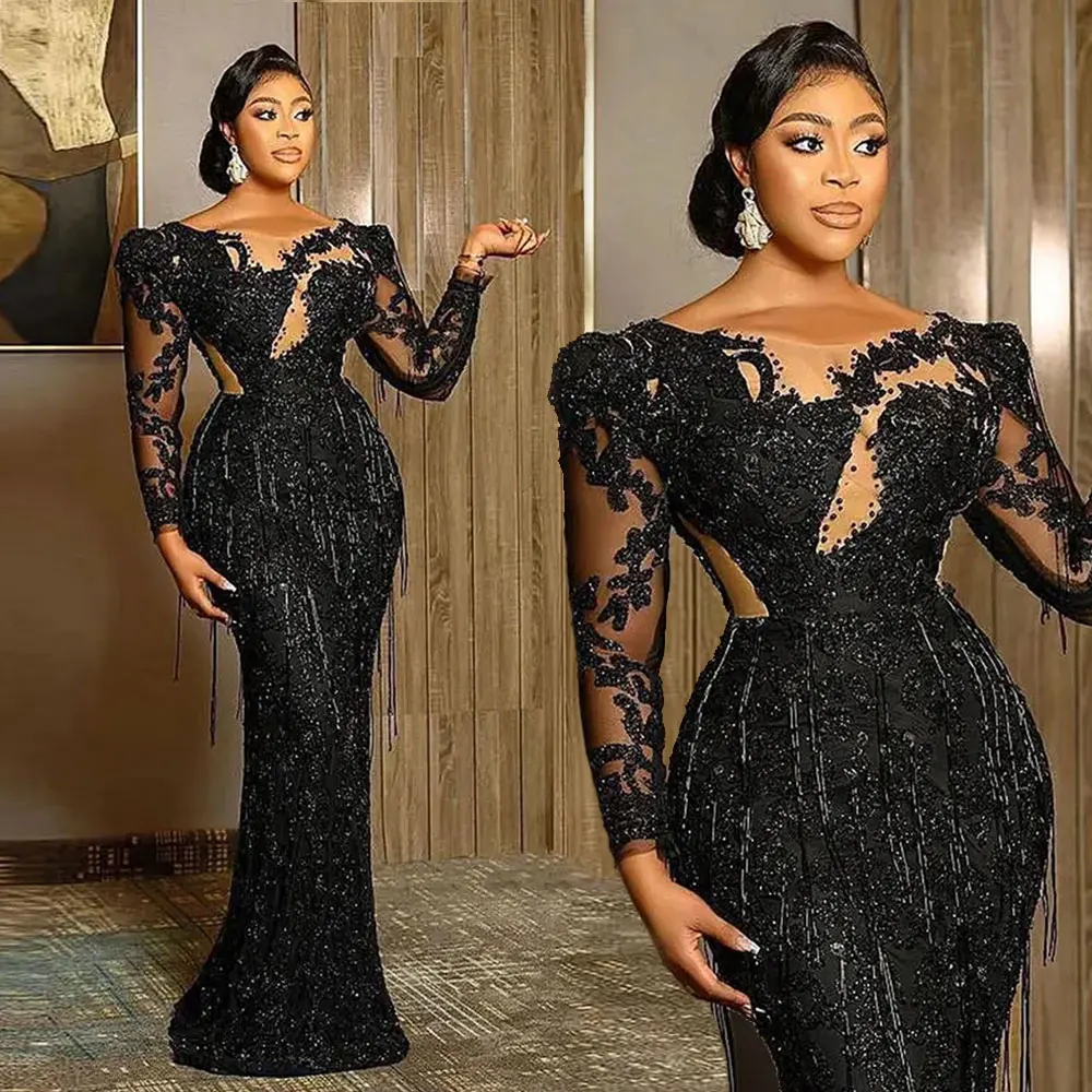 Maßgeschneiderte Meerjungfrau Sexy schwarze Abendkleider Jewel Neck Spitze Applikationen Kristall Perlen Partykleid Lange Ärmel Ballkleider