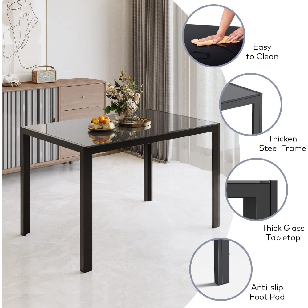 6 Person Glass Dining Table Set, 7 Piece 6 Person Kitchen Table and Chairs, PU Leather Modern Dining Room Set