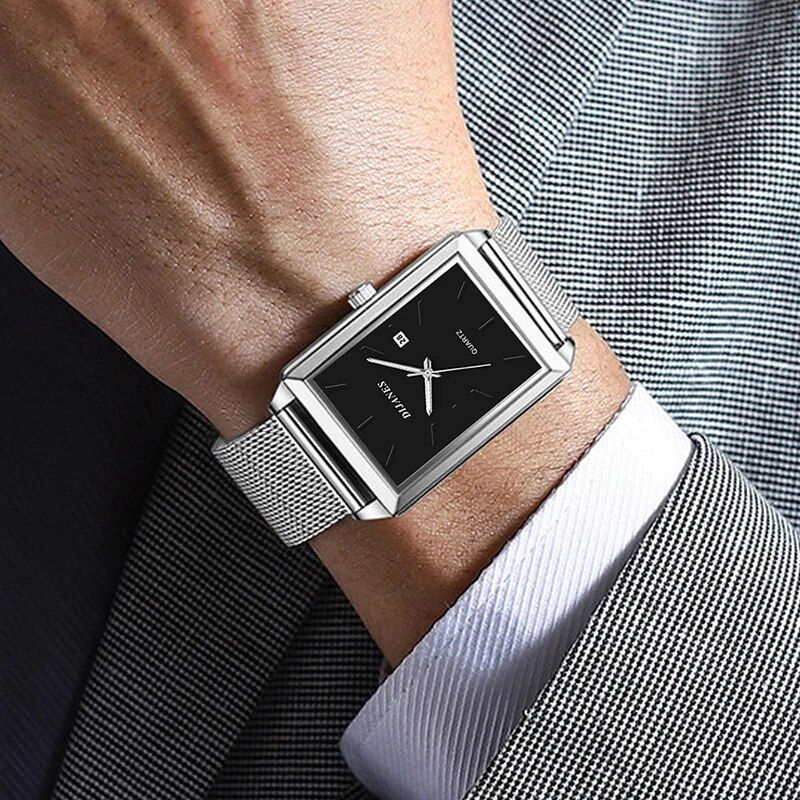 Reloj de pulsera de cuarzo para hombre, cronógrafo de moda, informal, de negocios, cuadrado, negro, de lujo, con correa de malla de acero inoxidable