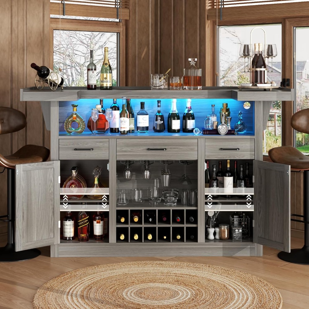 Bar Table Cabinet with LED & 3 Drawers,Liquor Bar with Adjustable Storage Shelves & Stemware Holders,Crescent Shaped Counter