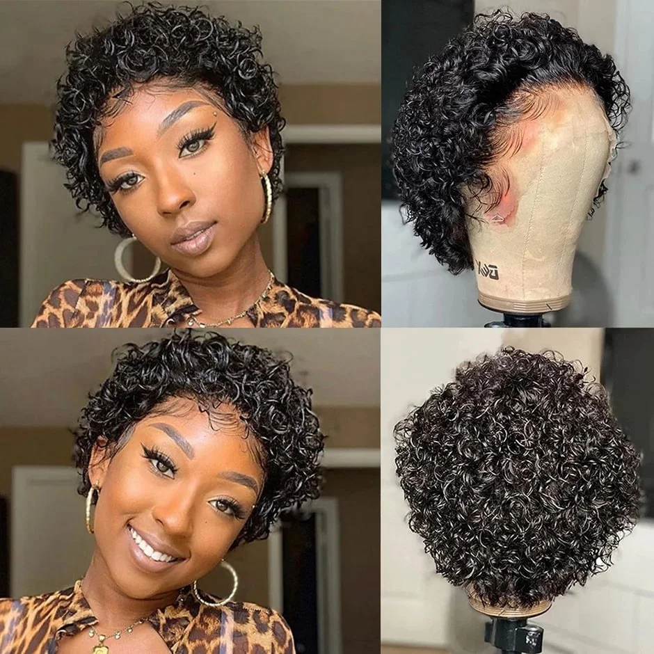 Pixie ตัดวิกผมโปร่งใสลูกไม้ด้านหน้าวิกผมสั้น Kinky Curly Bob วิกผมบราซิล Water Wave วิกผมผมมนุษย์สําหรับผู้หญิง