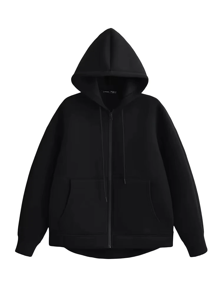 HH Inverno Novo Casaco com capuz com zíper feminino High Street Bolsos duplos Jakcet Moletons soltos de tamanho grande Top