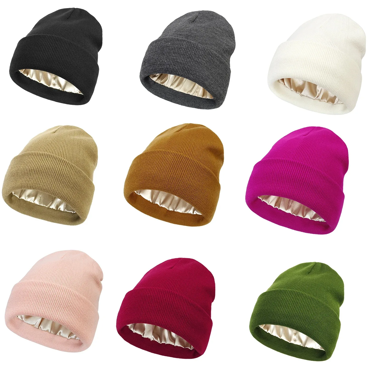 Unisex ซาตินเรียงราย Anti Static Beanie หมวกผู้หญิงฤดูหนาวผ้าไหมซับ Slouchy Warm Cuffed Skullies 2 ชั้นผม Sleep Cap