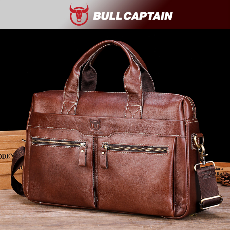 BULLCAPTAIN-maletín de hombro de cuero genuino para hombre, bolso de mano de 14 pulgadas para ordenador portátil, maletín Simple de moda para oficina y negocios