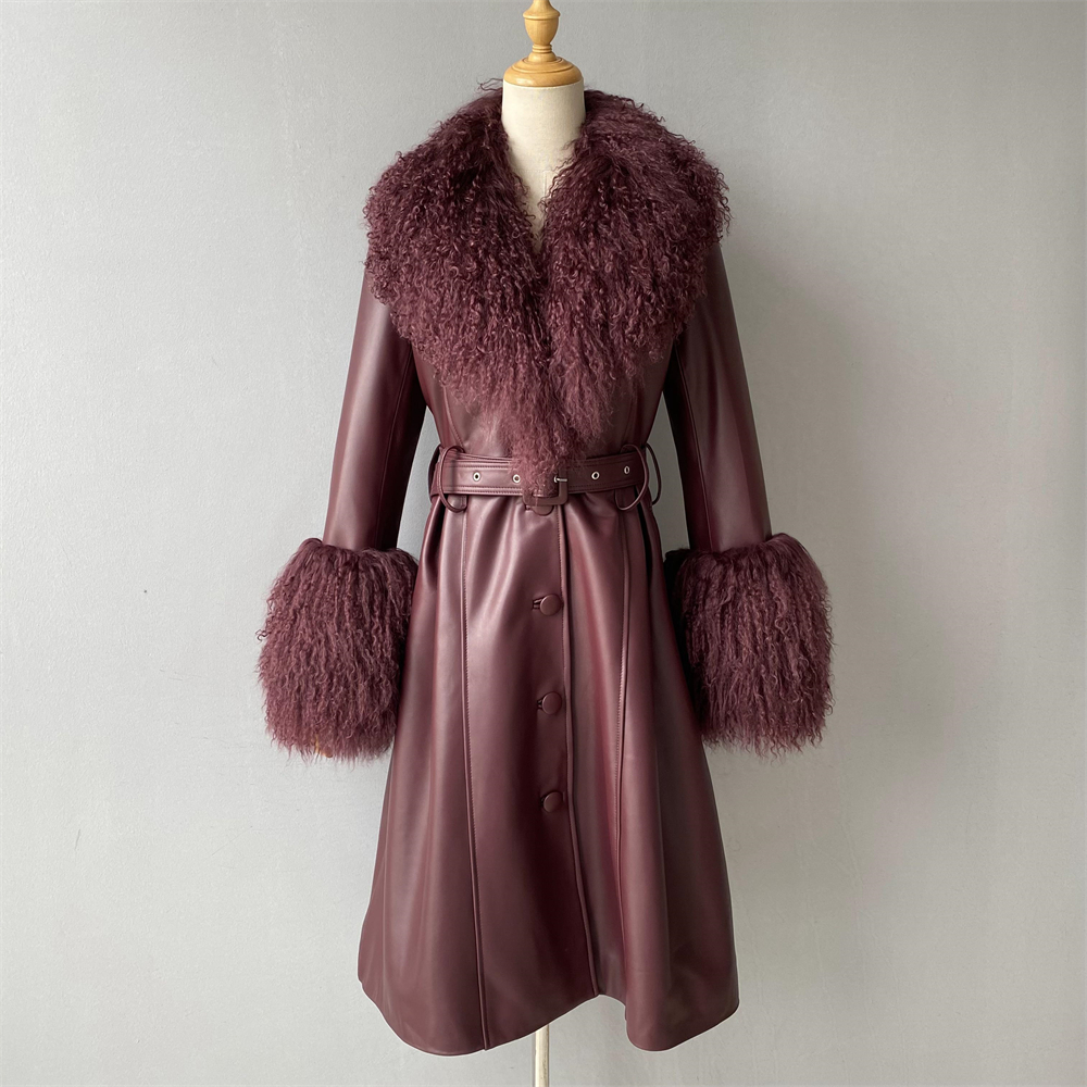 Jaxmonoy Women's Real Leather Coats with Real Mongolian Sheep Fur Collar Ladies Autumn Winter Long Style Sheepskin Coat 2024 New