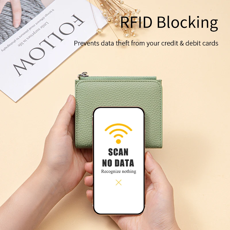 ผู้หญิงหนังแท้กระเป๋าสตางค์สั้นบาง RFID Blocking Bi-Fold กระเป๋าสตางค์ผู้ถือบัตรเครดิตคลิปเงินกระเป๋าสตางค์ซิปกระเป๋าเหรียญ