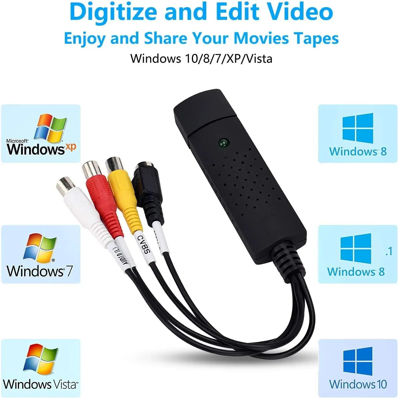 Conversor de áudio de vídeo USB 2.0, VHS antigo, VCR, Mini, DV, Hi8, DVD, Mac, PC, Windows 7, 8