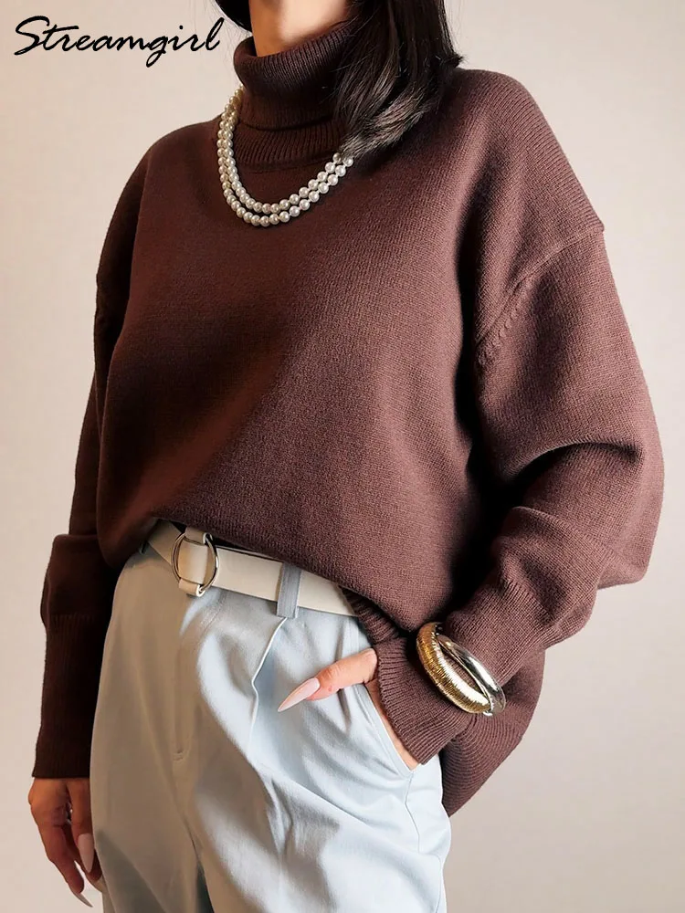 ฤดูหนาว Burgundy เสื้อกันหนาวผู้หญิงเสื้อคอเต่า WARM Pullovers ถักเสื้อสีน้ําตาลจัมเปอร์ผู้หญิงขนาดใหญ่หนา Basic เสื้อกันหนาวผู้หญิง