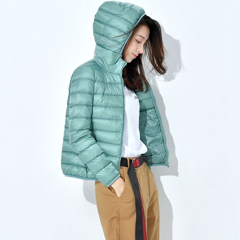 Jaqueta de Aodão Leve para Outono e Inverno, Nova Chegada, com Capuz, Curta, Gola Alta, Tamanho Plus, Ajuste Slim para Mulh...