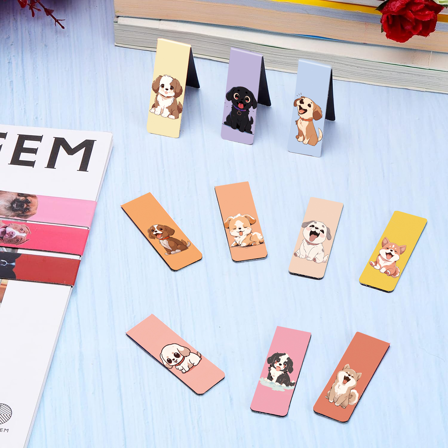 漫画の子犬の磁気ブックマーク 12 個: 教師と生徒用のカラフルなペーパークリップページマーカー