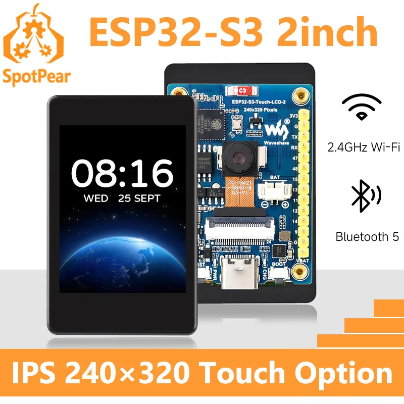 Waveshare ESP32-S3 2-дюймовый емкостный сенсорный дисплей IPS 240×320 Сенсорный вариант камеры Поддержка Wi-Fi Bluetooth Макетная плата