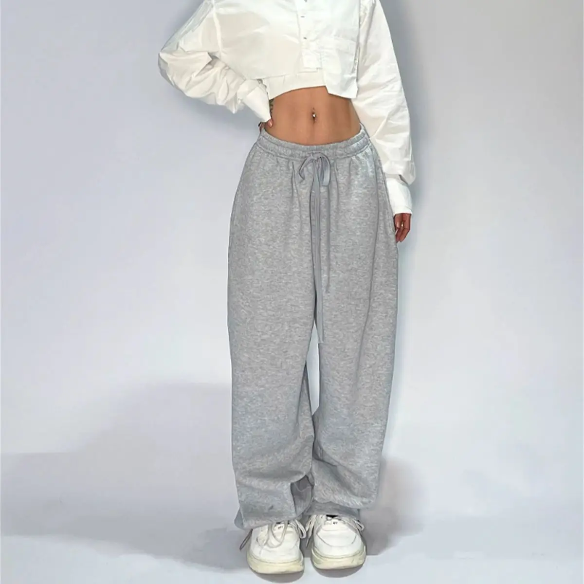 Pantalones de chándal informales lisos para mujer, pantalón holgado con cordones de cintura alta, ropa de calle holgada clásica, pantalón deportivo para baile Y2K