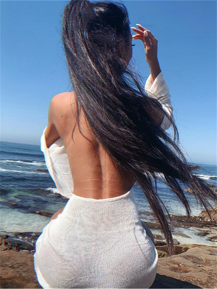 Vestido Sexy con espalda descubierta para mujer, minivestido transparente de manga larga de Color sólido para discoteca y playa, ropa de playa, pareo de Bikini