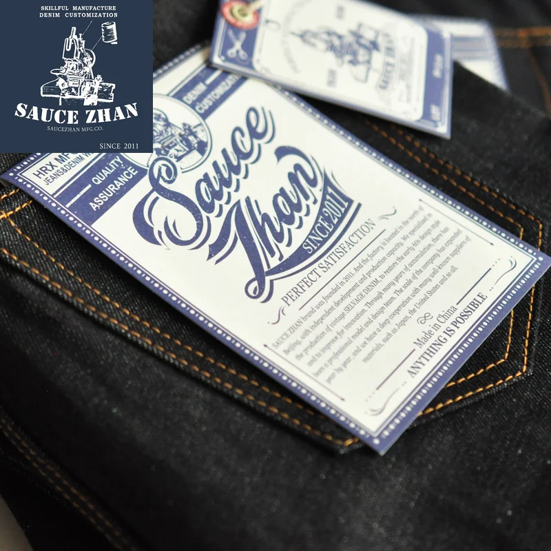 SauceZhan 315XX Pantalones vaqueros de mezclilla con orillo de ajuste cónico para hombres Vaqueros de mezclilla Vaqueros AZUL sin lavado Vaqueros de motocicleta de 14,5 Oz