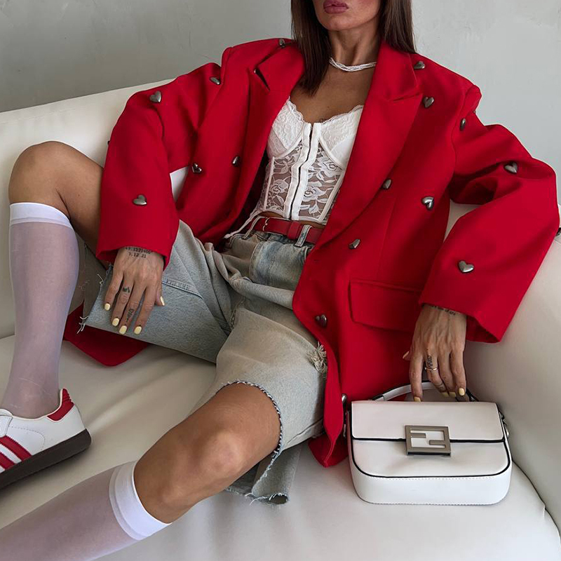 TWOTWINSTYLE Solide Patchwork Herz Dekoration Blazer Für Frauen Kerb Kragen Langarm Casual Lose Mäntel Weibliche Mode Neue