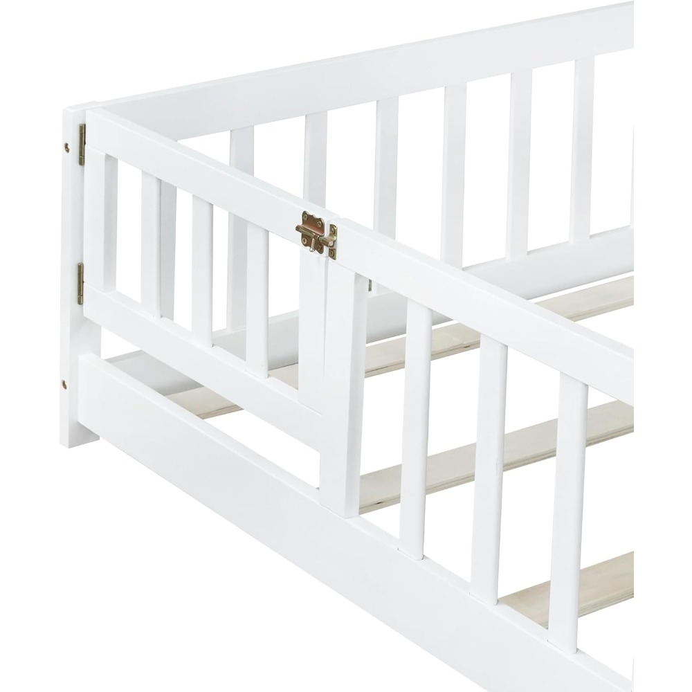 Full Size Floor Bed with Fence and Door, Rubber Wood Floor Bed w/Safety Guardrails/Near The Ground, Easy to Assemble & No Box Sp