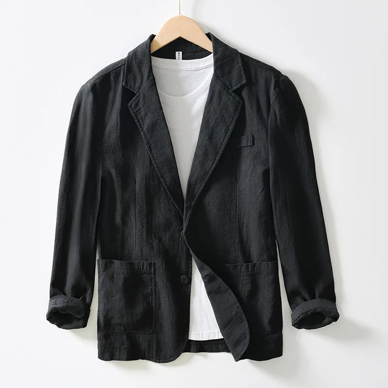 Terno casual de linho e algodão masculino, jaqueta fina solta, ajuste regular, qualidade de viagem, branco, preto, azul, monocromático, outono, 2023