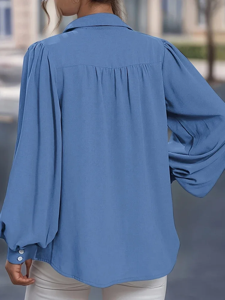 Plus Size Damesoverhemd met open knop en lantaarnmouwen Casual effen kleur Peplum-kraagoverhemd Dameskleding