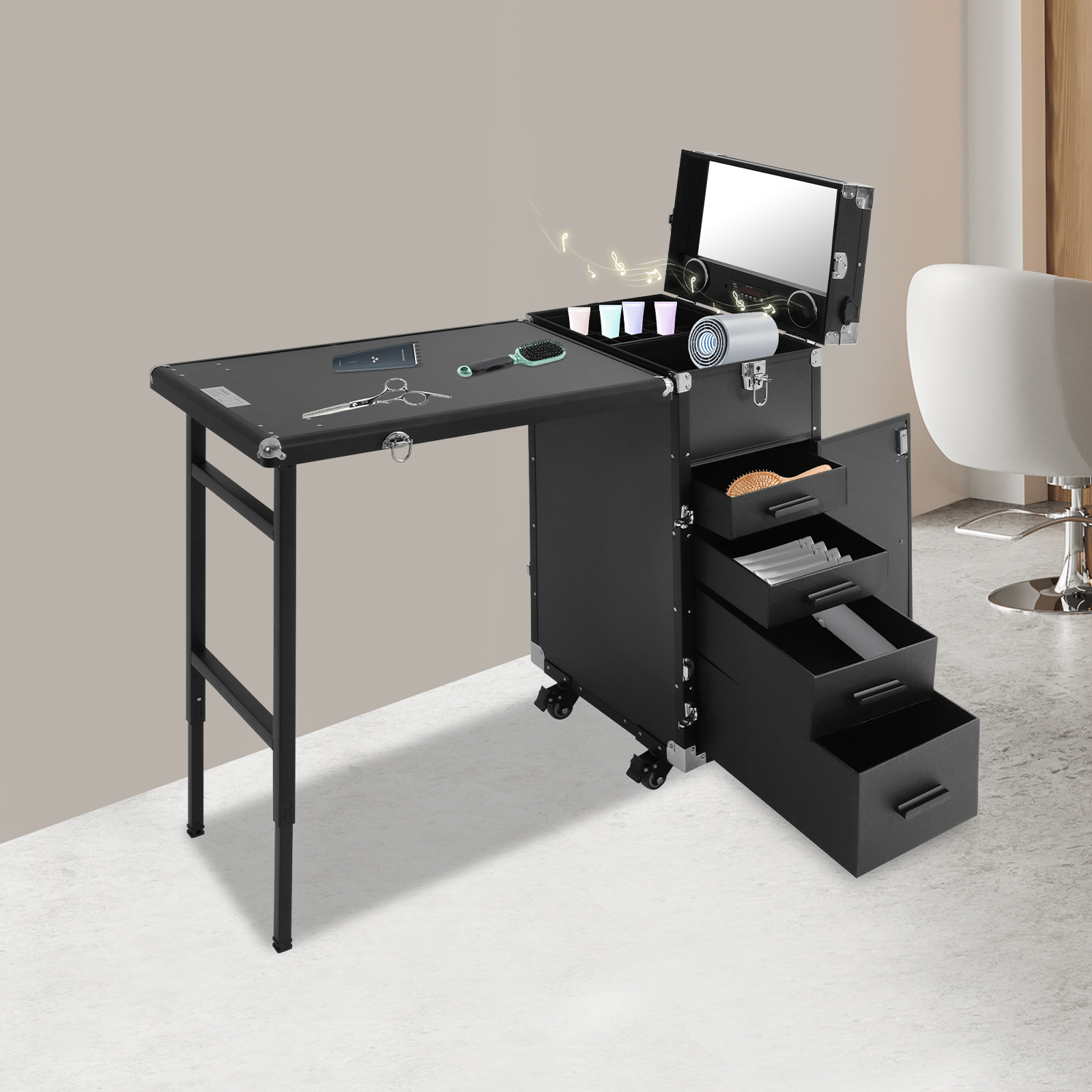 Mesa rodante para manicura, escritorio portátil para uñas, carrito plegable para cosméticos, organizador de almacenamiento, estuche de tren para maquillaje, rosa/negro