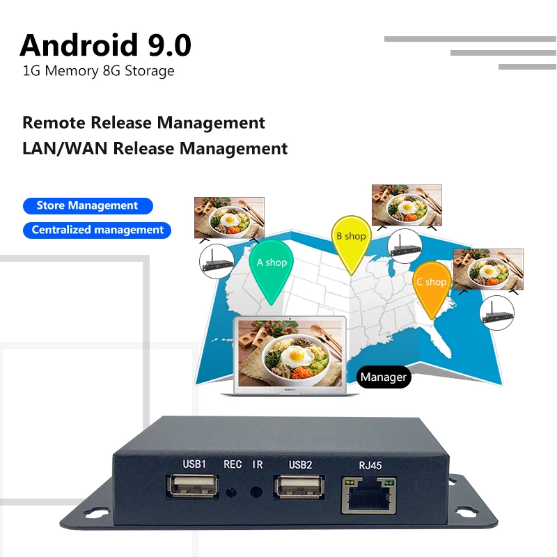 Caja de publicidad, reproductor de señalización, menú de restaurantes, cartelera, Android 9,0, Terminal de liberación de información, Software de gestión gratuito, Wifi