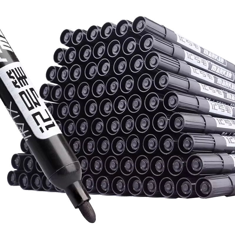 A set of 10 large-tip black ink marker pens for non-erasable marking and notation