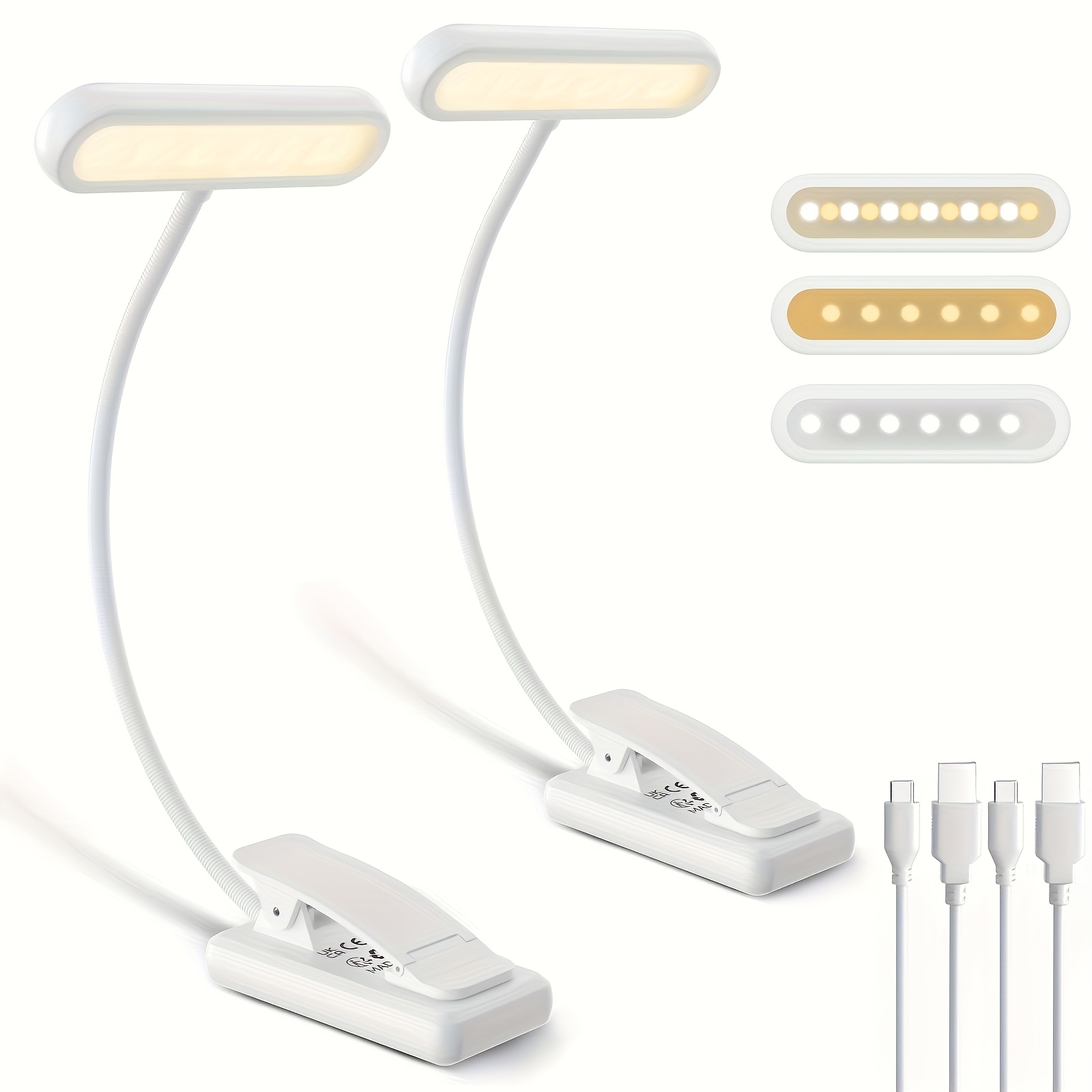 Luz de livro recarregável usb, lâmpada de leitura led ajustável de 3 cores com braçadeira, luz noturna para cuidados com os olhos para cama, mesa de estudo