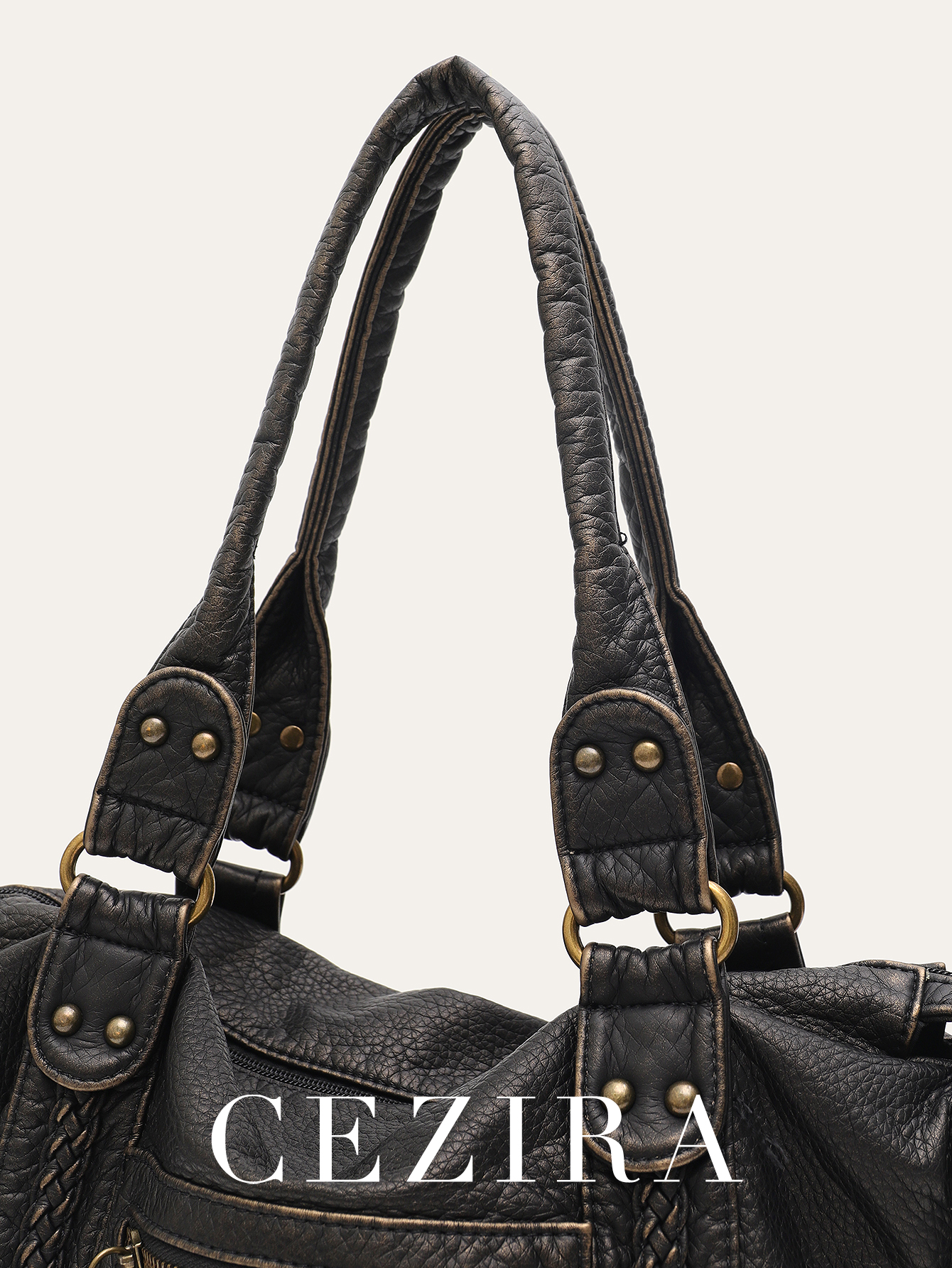 Vintage Gewassen Pu Leer Grote Capaciteit Draagtas Met Rits Gevlochten Decor Schouder Crossbody Tas Unisex Vrouwen Dagelijkse Reishandtas