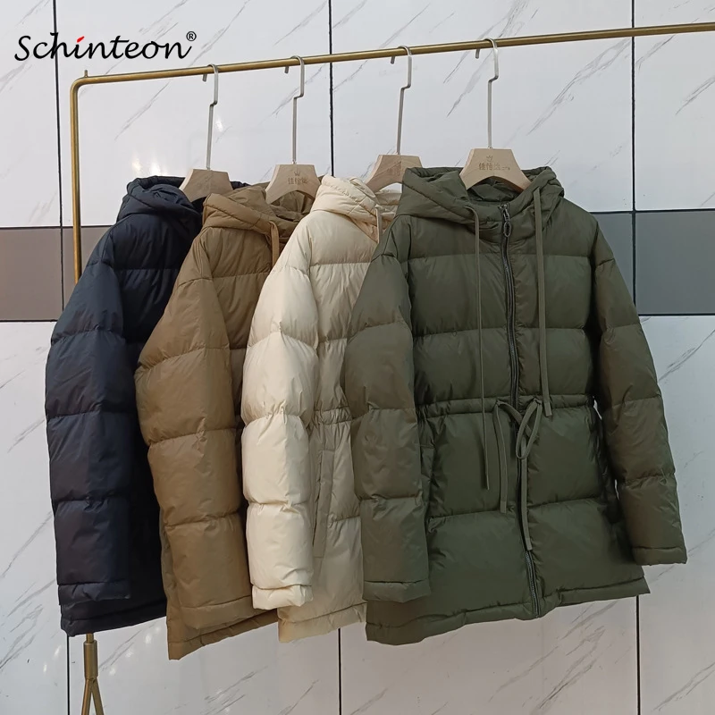 Schinteon Vrouwen Witte Eend Donsjack met Kap Warme Herfst Winter Uitloper Effen Kleur Eenvoudige Trekkoord Jas Koreaanse Stijl Nieuw