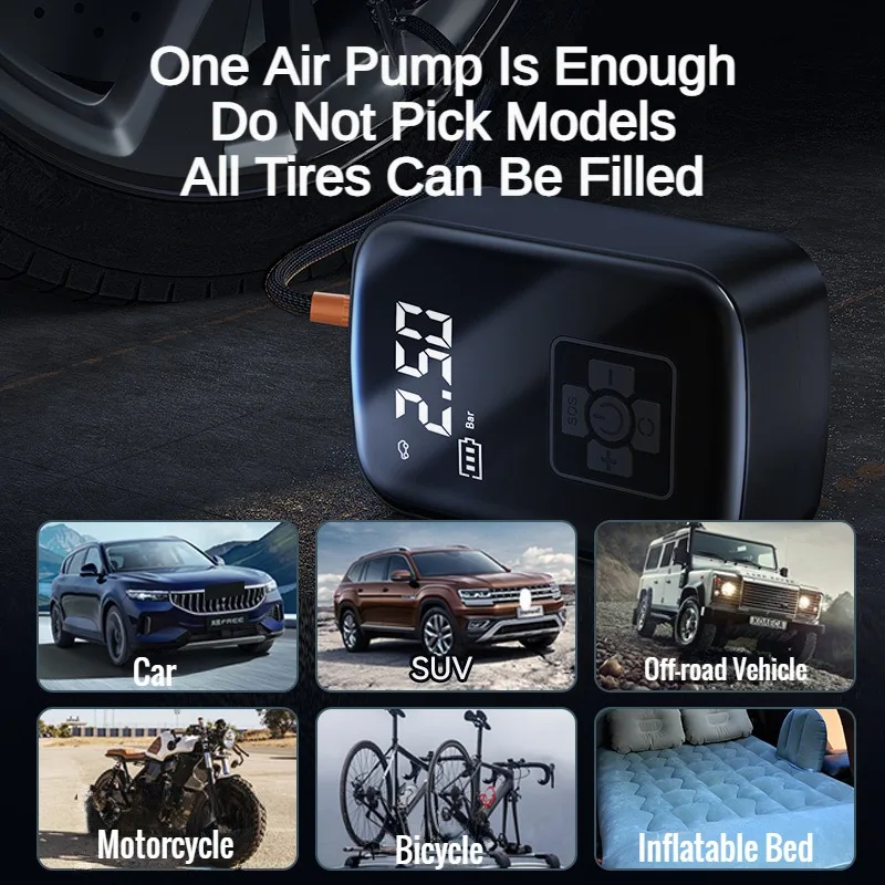 Leboo compressor de ar sem fio para carro, bomba elétrica para inflar pneus, motocicleta, bicicleta, pneu automático com display digital