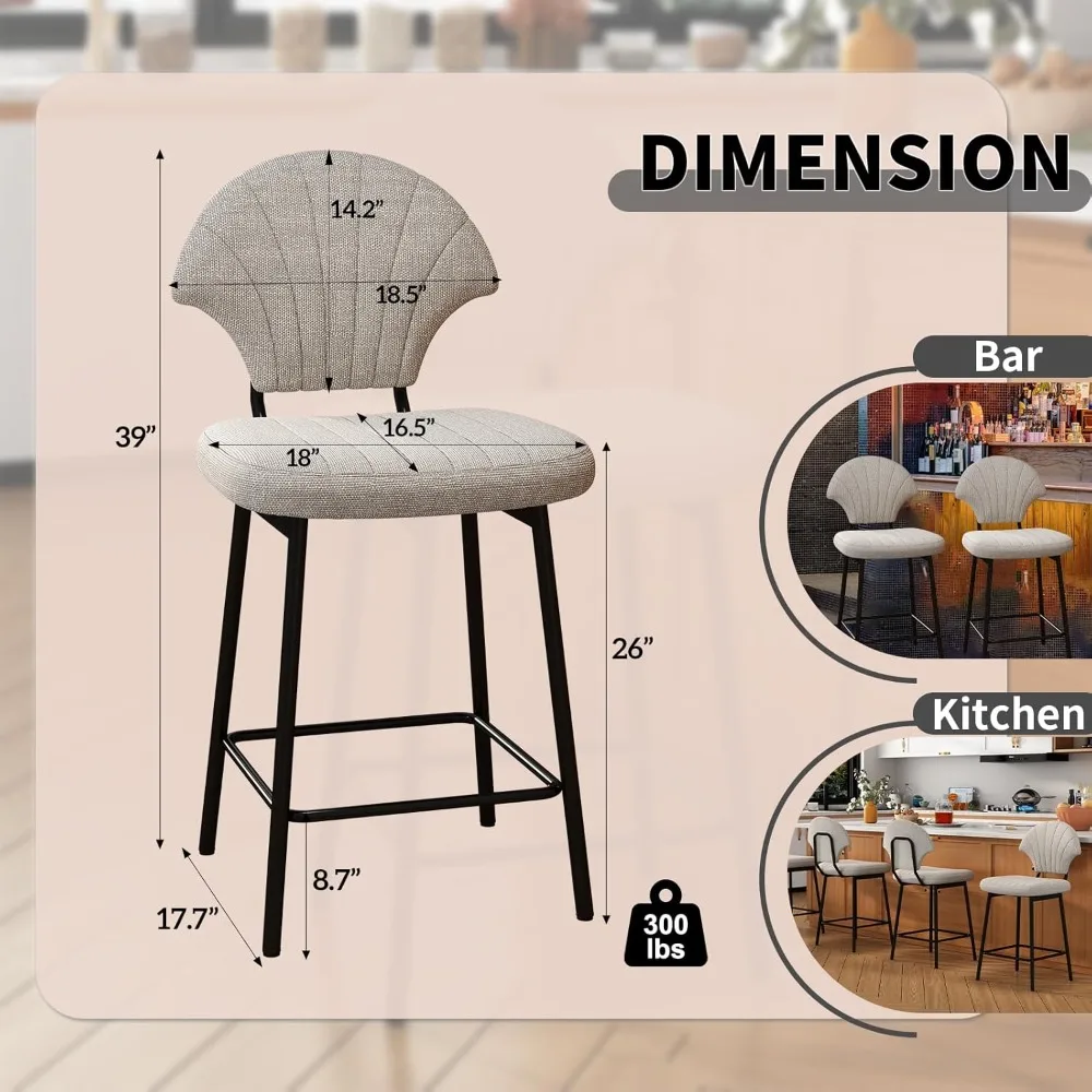 Bar Stools Set of 4, Counter Height BarStools with Shell-Shaped Backrest, Island Chairs with Metal Legs and Footrest, Modern Bar