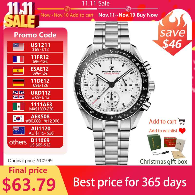 PAGANI DESIGN 2025 Новые мужские часы V5 PD1701 Роскошные кварцевые часы Мужские спортивные скоростные хронографы AR Сапфировое стекло 100 м Водонепроницаемые