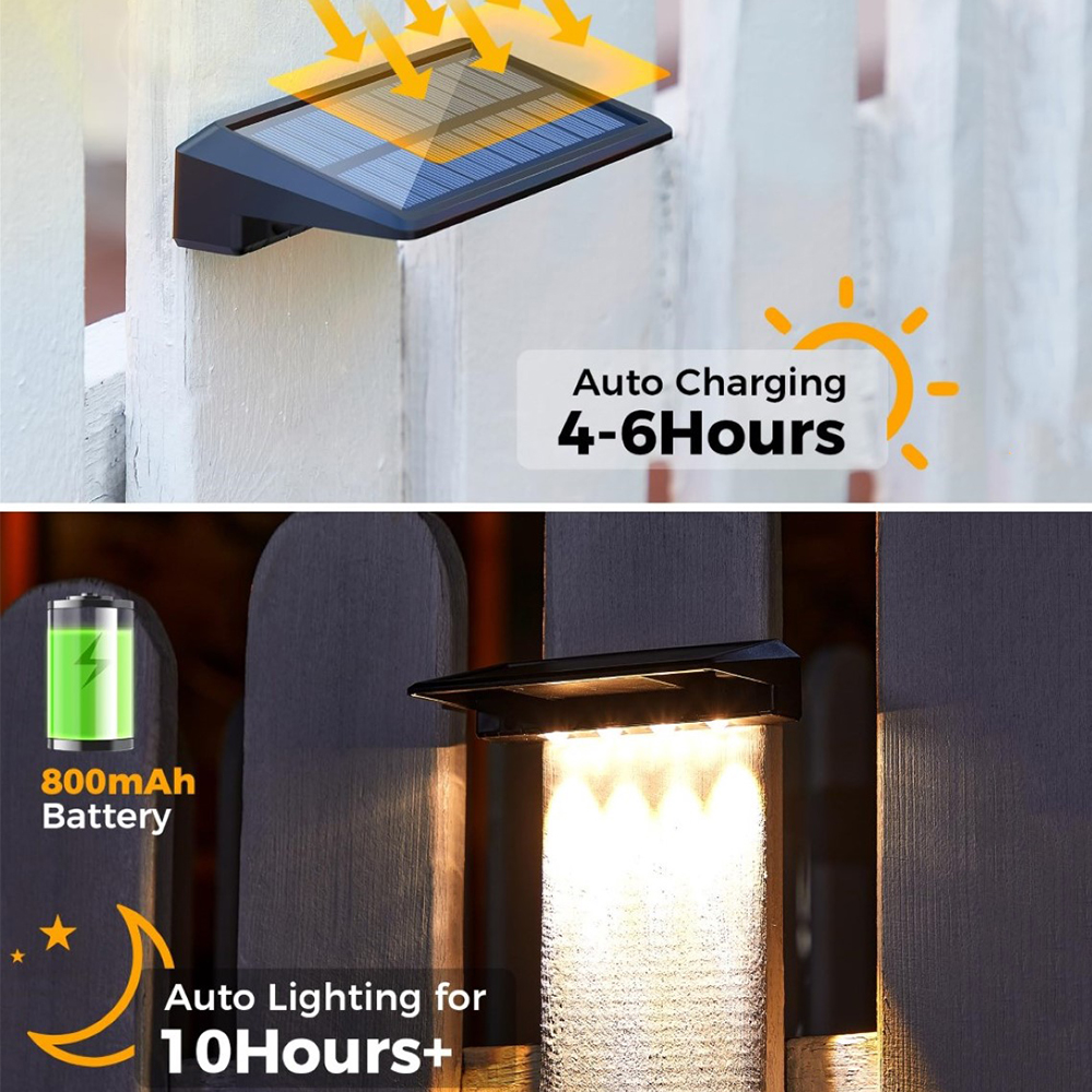 Paquete de 2 luces solares de pared, 4 luces LED solares para valla, luces solares impermeables para exteriores, luces de pared para valla, poste, camino de patio