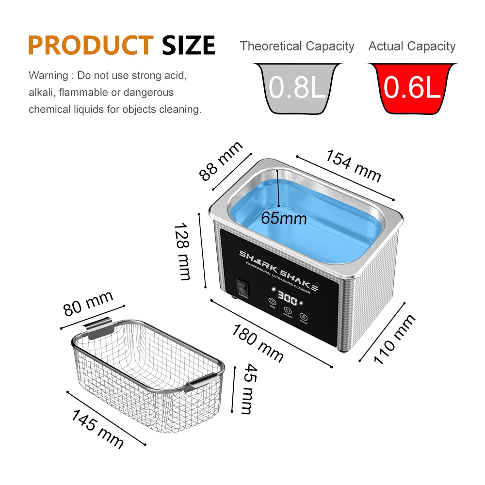 Limpador ultrassônico digital doméstico, 800ml, 30w/60w, banho de aço inoxidável, lavagem por ultrassom para relógios, joias