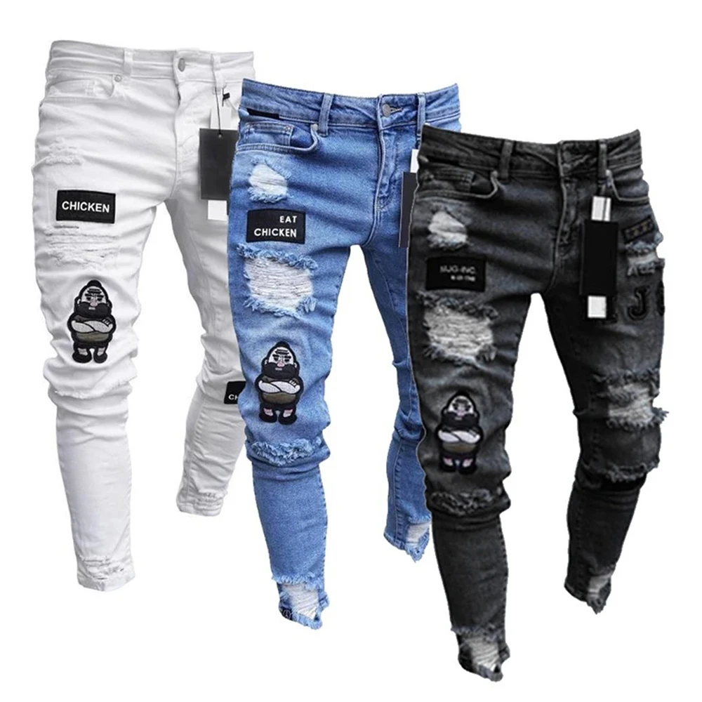 Pantalones vaqueros rasgados ajustados con bordado blanco para hombre, pantalones vaqueros ajustados de algodón con agujeros elásticos, pantalones vaqueros informales de Hip Hop para hombre, pantalones para correr