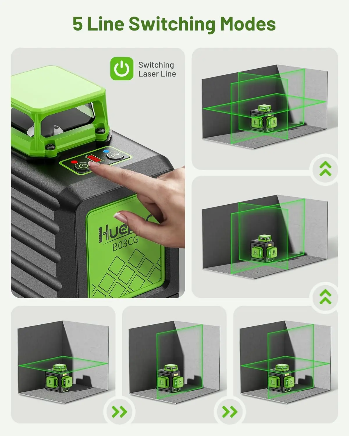 Huepar B03CG Livello laser a 12 linee 3D Autolivellante Laser a linee incrociate orizzontale e verticale verde ad alta luminosità con custodia rigida
