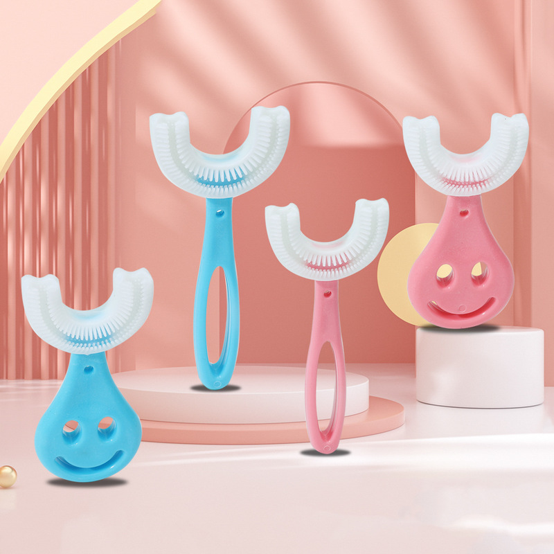 Crianças U forma manual escova de dentes de silicone macio, 360 graus dentes saúde, bonito criativo coração dos desenhos animados sorriso, bebê crianças