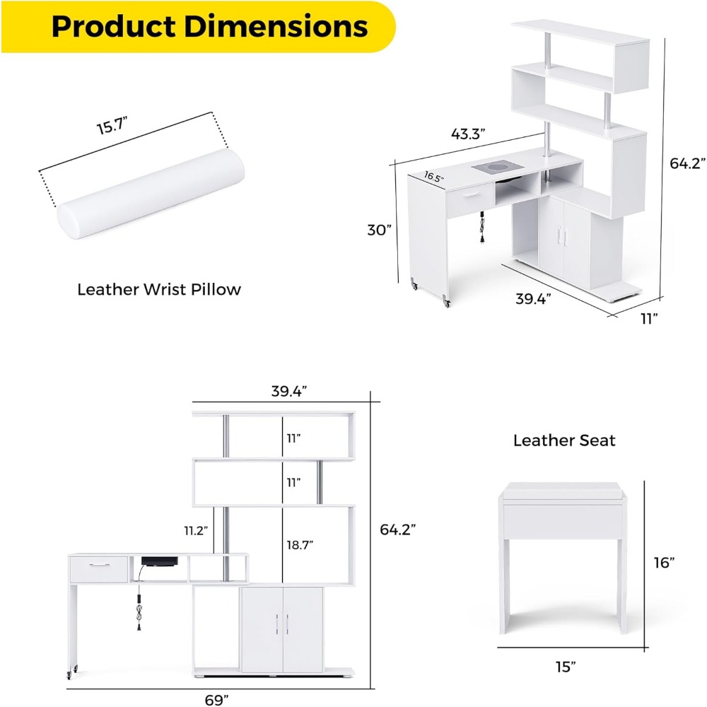 L-Shaped Nail Tech Desk with Stool, Two-Way Drawer,Cabinet & Storage Shelves, Rotating Reversible Manicure Workstation on Wheels