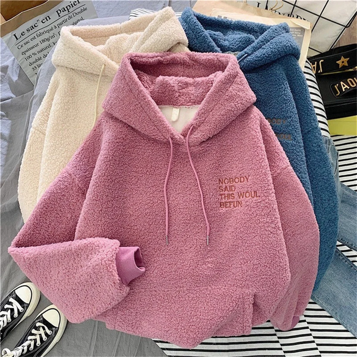 Otoño Invierno moda Sudadera con capucha mujer coreano suelto sólido carta Tops manga larga traje cálido Sudadera con capucha señora Casual calle