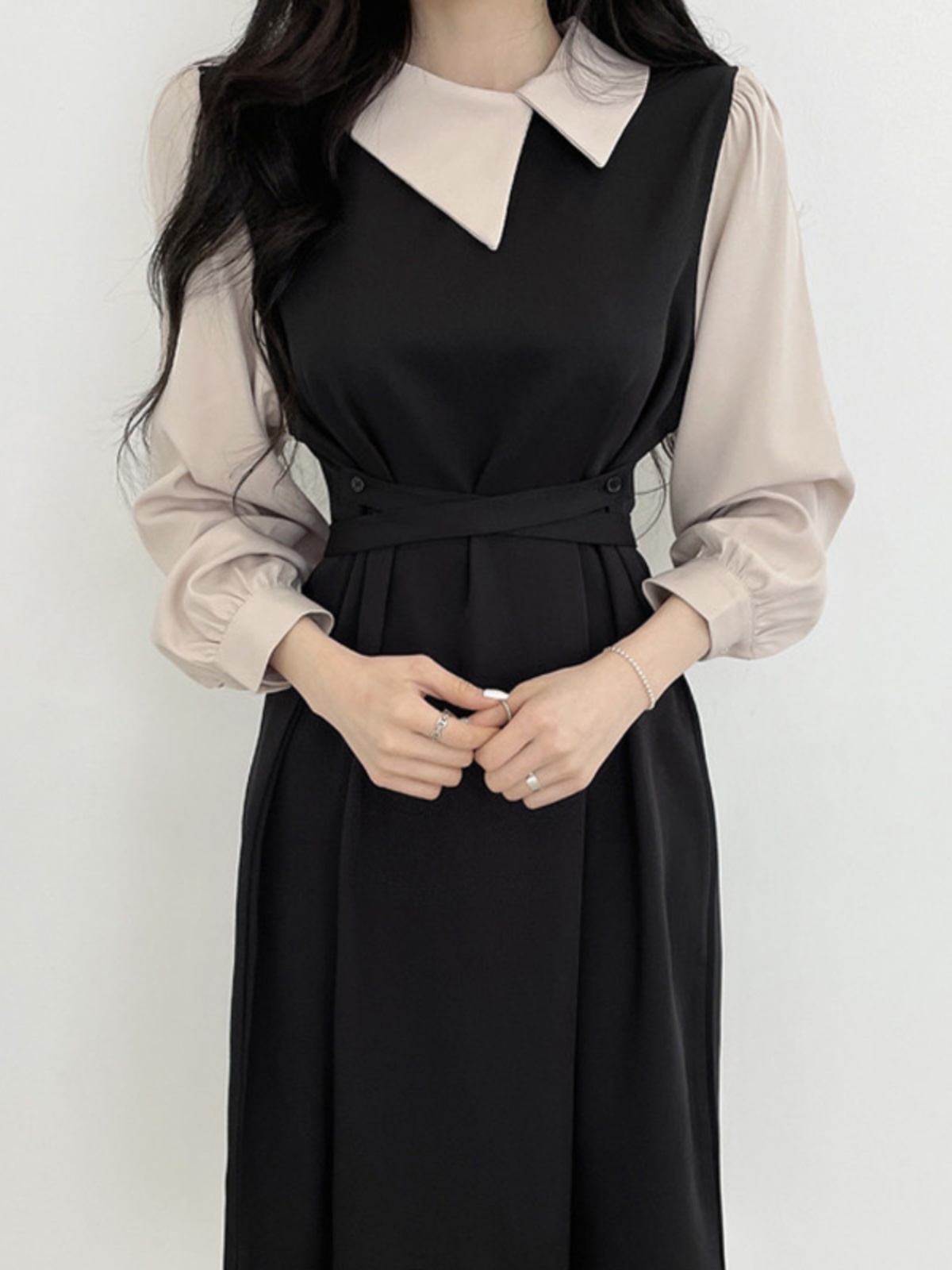 하이 엔드 Feelwomen의 긴 드레스 컬러 차단 슬리밍 우아한 퍼프 슬리브 a 라인 봄 가을 하이 웨이스트 여성 의류