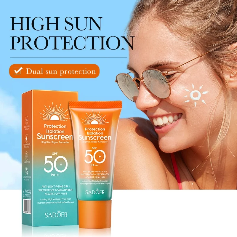 SADOER Anti-UV/UVB Reparação Protetor Solar Facial Clareador À Prova D 'Água Sweatproof SPF50 + PA +++ 50g